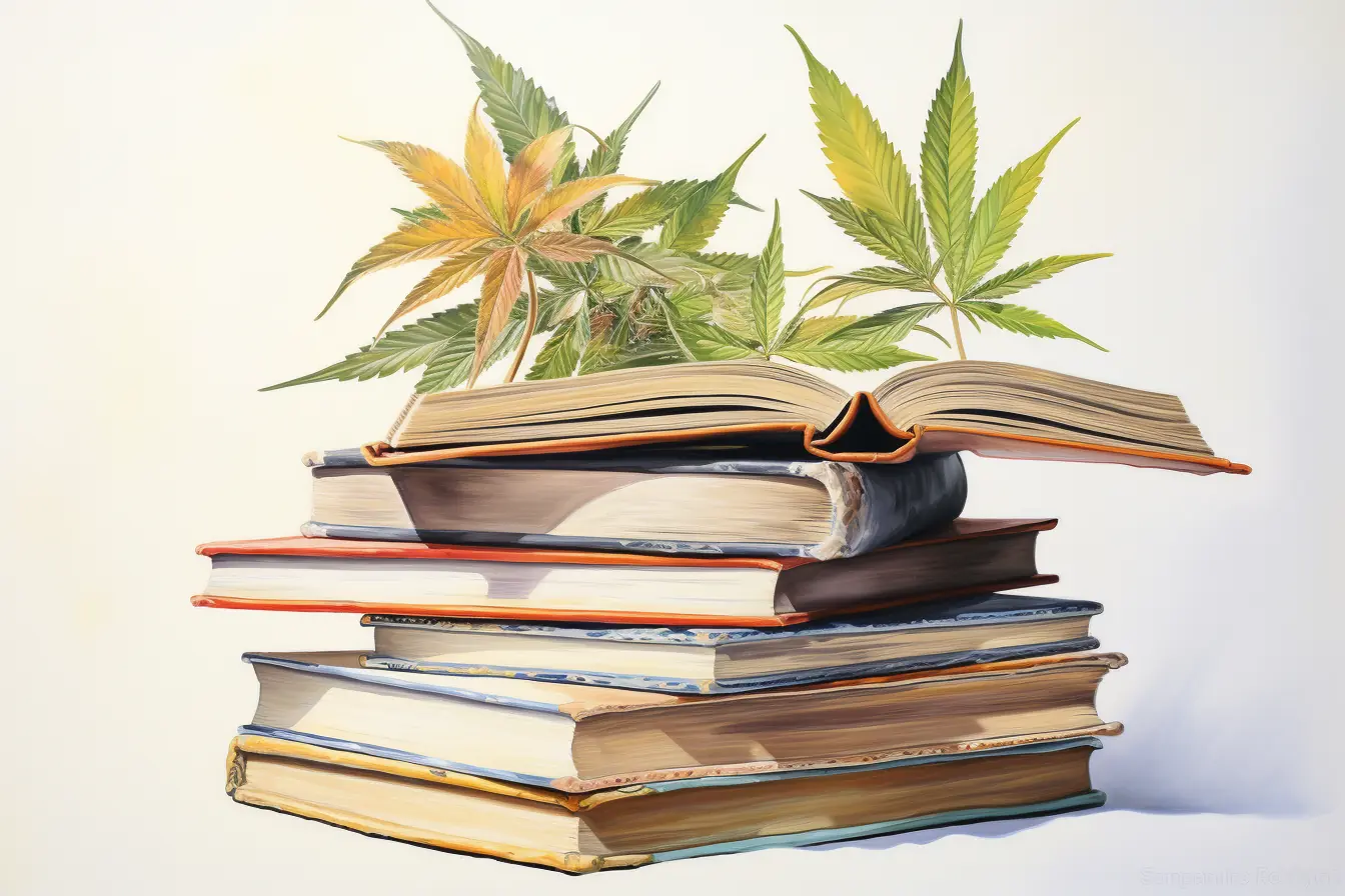 Cannabis, eine Pflanze mit vielen Namen, verdeckt bunte Bücher, die das Lesen anregend machen.